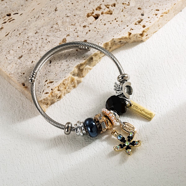 Europa och USA gränsöverskridande Pandora armband i rostfritt stål Gör-det-själv-blomhänge Justerbart armband med kristallpärlor, grossist Black