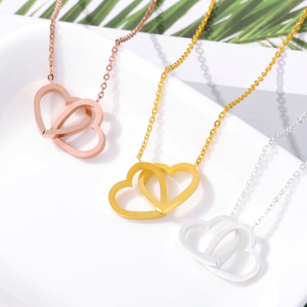 Dubbelhjärta Par Halsband Smycken Rostfritt stål Love Heart Statement Halsband Kvinnor Brudtärna Presenter krage mujer Gold-color