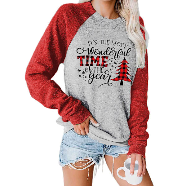 Damer 2023 höst och vinter New TIME julgran printed rund hals långärmad svett red sleeve M