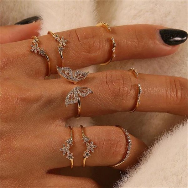 10 st Ringar Set Hotsäljande Metall Ihålig Rund Öppning Kvinnor Kedja Fingerringar Boho Star Moon Ring Mode Smycken Festpresenter style11