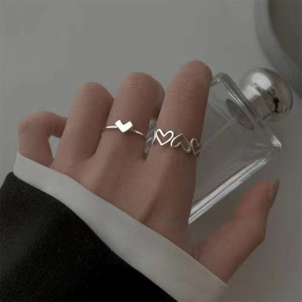 Silverfärg Ihålig hjärtform Öppen Ring Set Design Söt Mode Kärlek Smycken För Kvinnor Tjejpresenter Justerbar födelsedagsfest style3