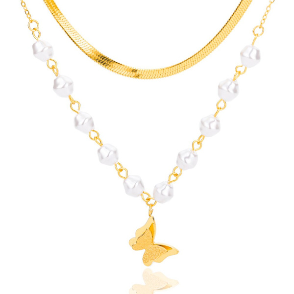 Dubbla lager glitter fjärilshalsband Dam Dam Charm Smycken Rostfritt stål Imitation Pearl Herringbone Chain Choker N04587G-5