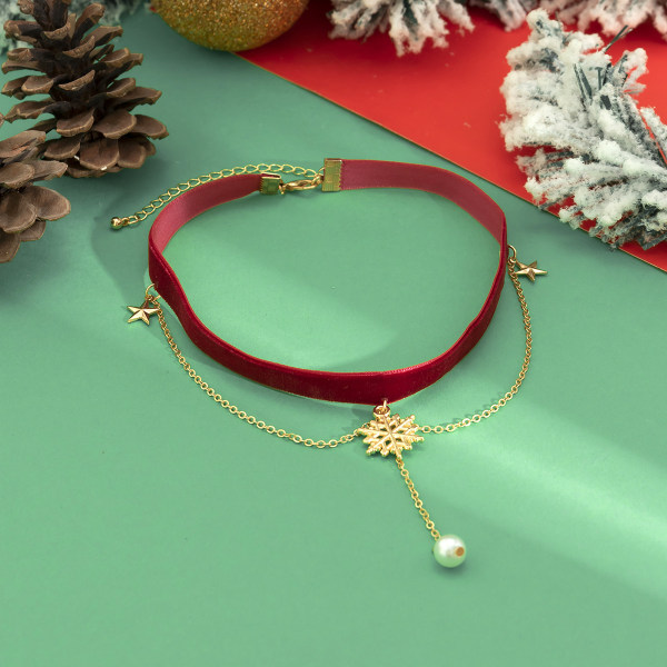 Prydnad elegans retro röd sammet kort choker mångsidig jul semester snöflinga halsband Gold 5465