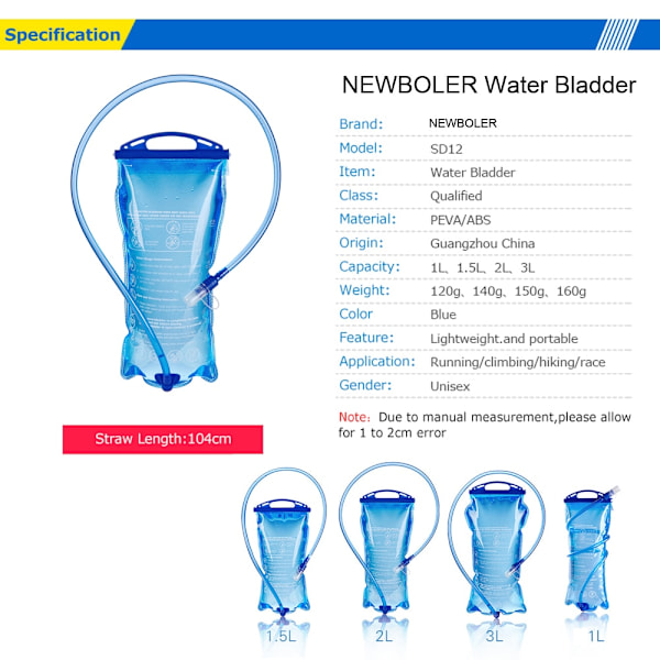 Vattenpåse 1L 1,5L 2L 3L Vattenblåsreservoar vätskebehållare Pack Förvaringspåse BPA-fri löpande vätskeväst Ryggsäck 1 L water bladder