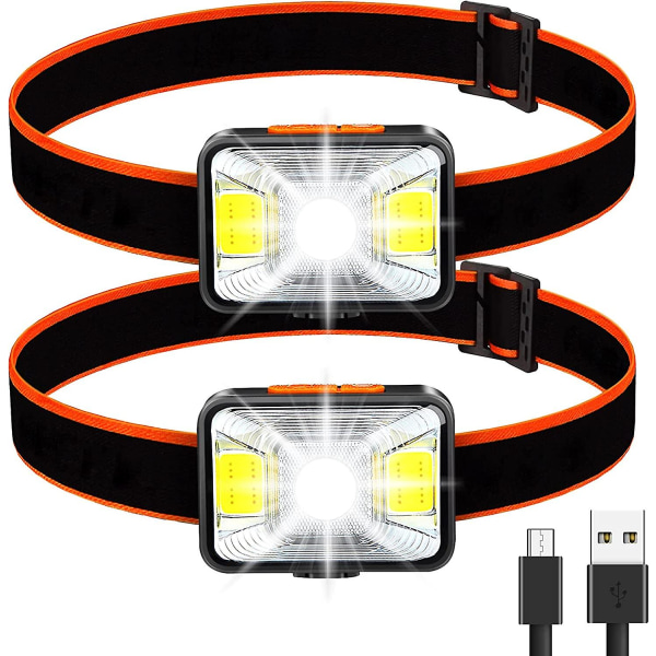 Paket med 2 Kraftfull pannlampa, USB -huvudlampa Led 5 ljuslägen, Ipx4 vattentät för fiske, camping, läsning, vandring, cykling