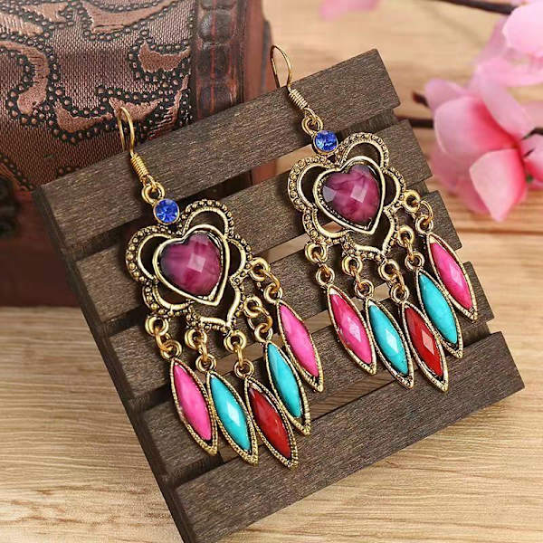 Wish Amazon Sources Peach Heart Mönster Flerlager Akryl Vattendroppe Metall Legering Örhängen Rose Etnisk stil Retro Dc1637-2 Sapphire Blue