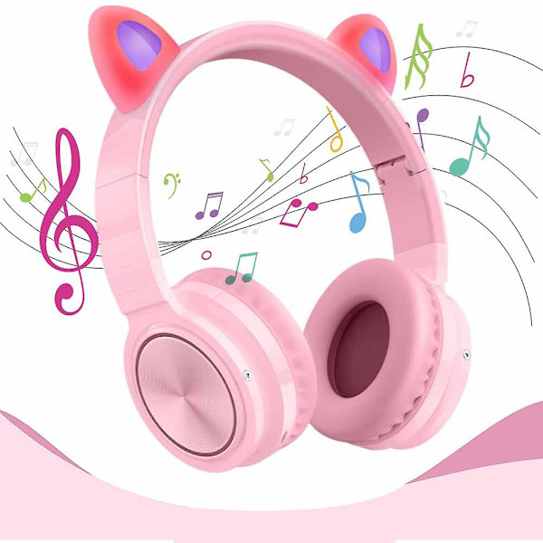 Bluetooth hörlurar, Ct-7 Cat Ear Led Light Up Trådlösa hopfällbara hörlurar över örat med mikrofon och volymkontroll för Iphone/ipad/smartphones/ Pink