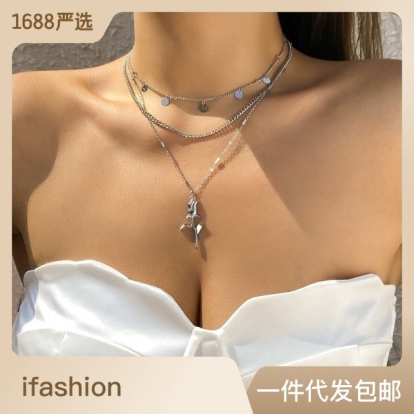 Hip Hop Cool Twin Style Metallkedja Halsband Dam All-Match Mode Rose Nisch Paljett Tofs Choker White K 3403