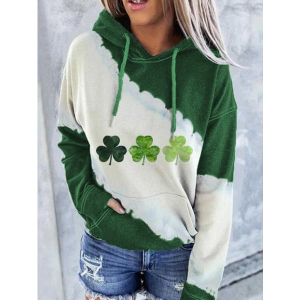 St. Patrick's Day Printed Kontrasttröja Luvtröja Grön klöver Printed Sweatshirt Damrock Green XXXL