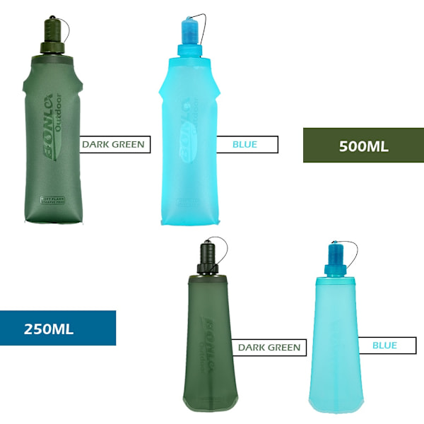 TPU Vikbar mjuk kolv Sport Vattenflaska Löpning Camping Vandring Vattenpåse Hopfällbar dryck Vattenflaska Vattenpåse Dark green 250ml