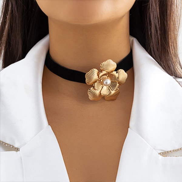 Smycken nisch Vintage krage Rose Camellia Chocker tofs satin blomma halsband 06 Necklace Gold 5561