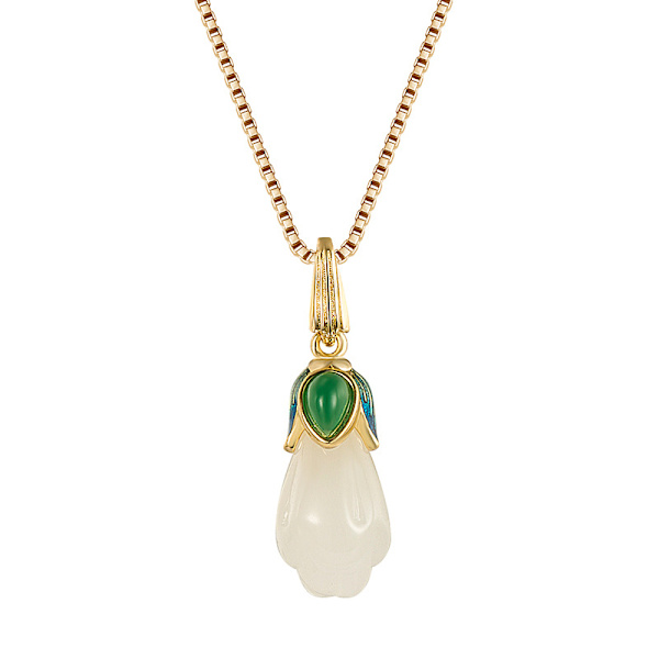 Vintage etnisk stil Tulpan Magnolia hänge hona 18K guld vit jade halsband Choker Magnolia smycken 45Cm Golden Box Chain