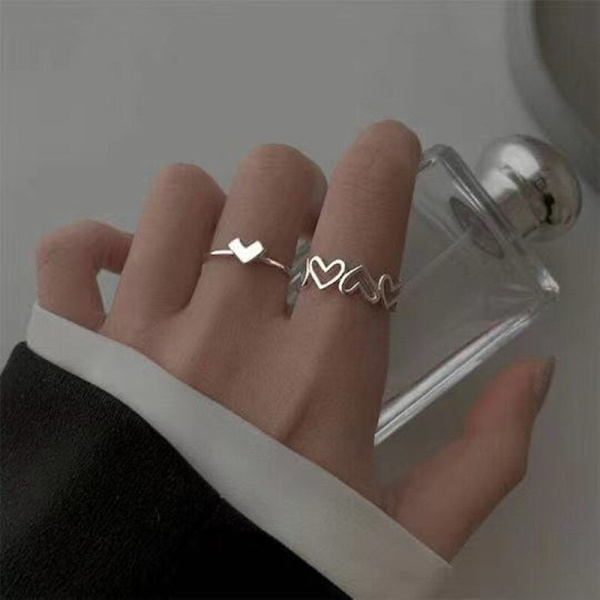 Silverfärg Ihålig hjärtform Öppen Ring Set Design Söt Mode Kärlek Smycken För Kvinnor Tjejpresenter Justerbar födelsedagsfest style3