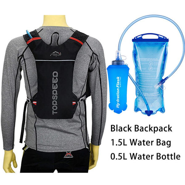 Ultralätt Trail Running Ryggsäck Utomhus Sport Cykling Hydration Väst Pack Ryggsäck Väska 1,5 L vattenpåse Blåsa Black Bag and 2L