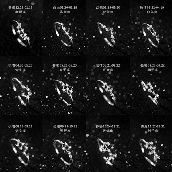 Koreanskt mode Silverfärgad stjärntecken Ringar för kvinnor Glänsande kristall Zirkon Öppningsring 12 Constellation Smycken Födelsedagspresent Pisces