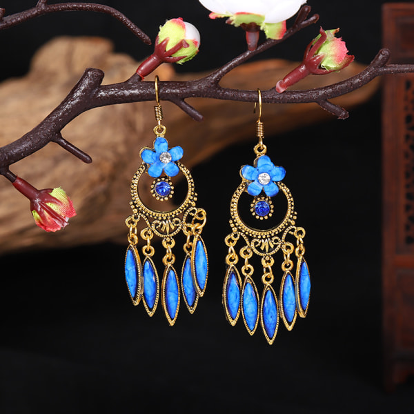 Gränsöverskridande Nyankomst Personlighet Liten blomma Rund Legering Vattendroppe Örhängen Lila Europa Och Amerika Kreativa Retro Etniska Örhängen Dc1663-9 Blue Black