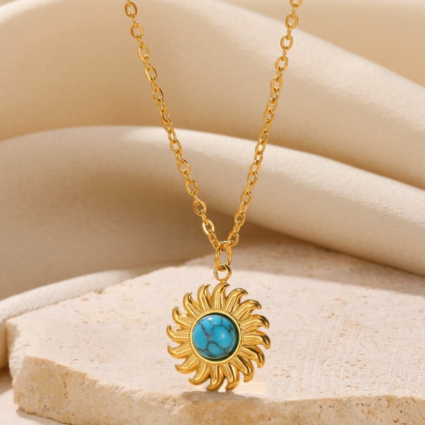 Guld Färg Varm sol Opal Halsband Smycken Rostfritt stål Solros Med Entusiasm Hopp Halsband Kvinnor Bästa Vänner Gåvor N05594G-3