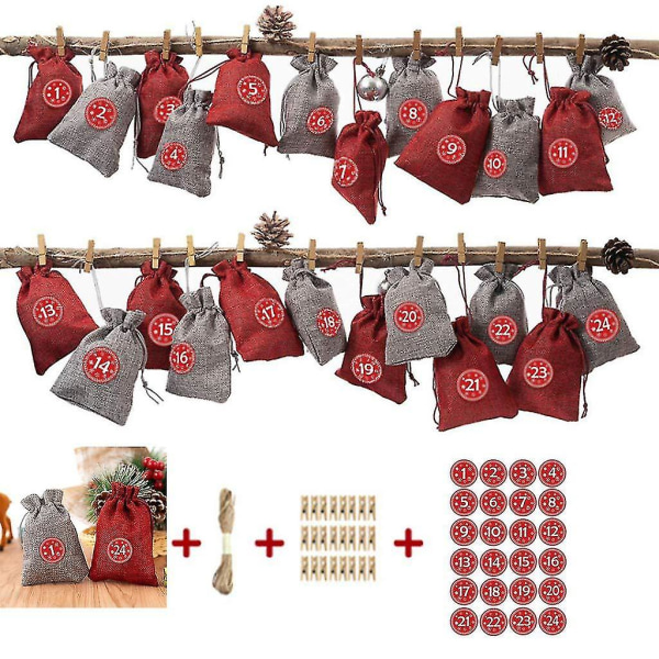 Jul adventskalender påse Set hängande godis presentpåsar Countdown Xmas dekorationer