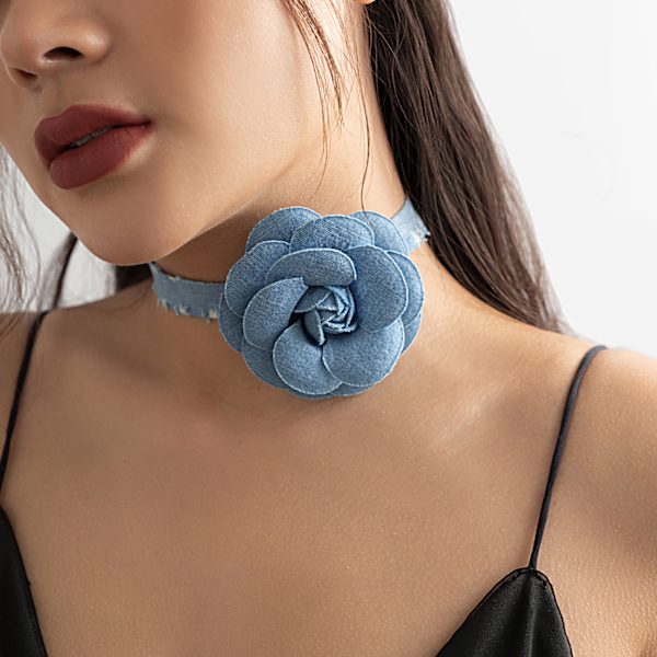 Smycken nisch Vintage krage Rose Camellia Chocker tofs satin blomma halsband 03 Necklace Blue 5694