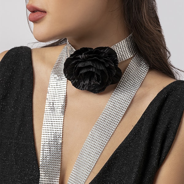 Prydnad retro tredimensionell blomma tyg konst Choker lång bred kedja metall aluminium mesh halsband Rose Red 5714