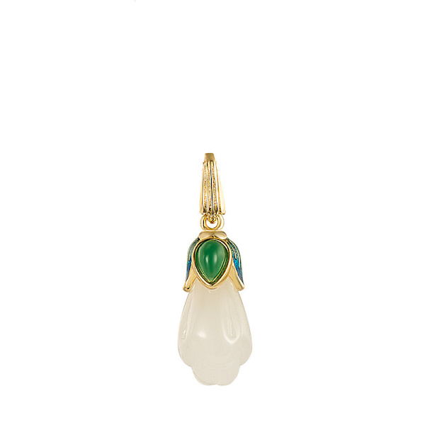 Vintage etnisk stil Tulpan Magnolia hänge hona 18K guld vit jade halsband Choker Magnolia smycken 45Cm Golden Box Chain