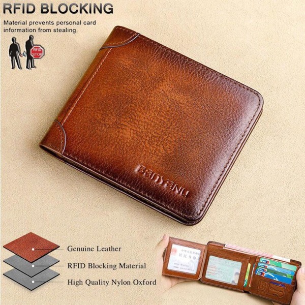 Herr RFID-blockerande plånbok i äkta läder Bifold Vintage Slim Kort Multi Stor kapacitet Koskinnsväska Pengaklämma B