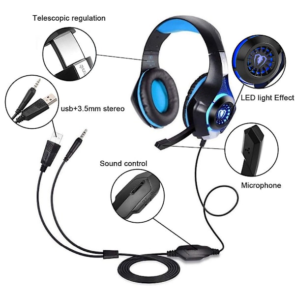 Gaming-headset med brusreducerande mikrofon, over-ear-spelhörlurar med led-lampor för telefon/dator black blue