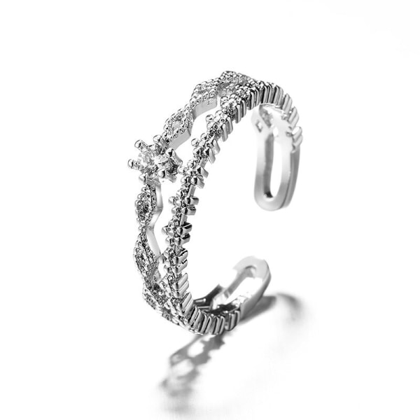 Minimalistisk Silver Färg Star Moon Zirkon Ringar För Kvinnor Elegant Utsökt Dubbellager Öppen Justerbar Ring Party Smycken Present style 2