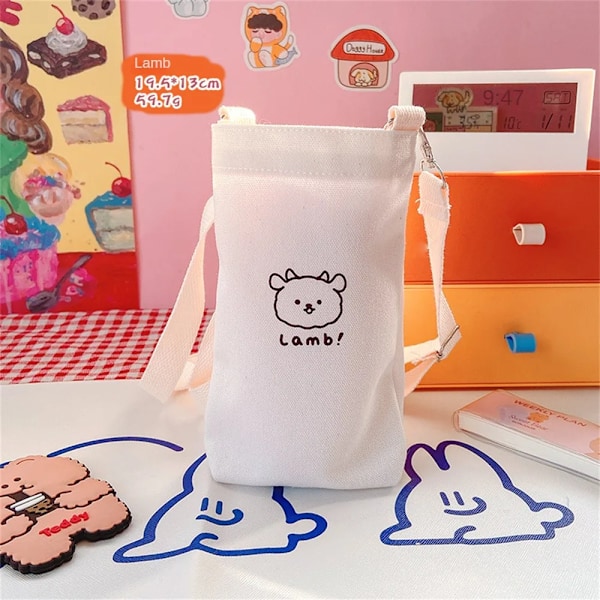 Enkel tecknad bärbar vattenkoppsärm Justerbar axel Crossbody Canvas vattenkoppsväska Resor utomhuskopp tillbehör Teddy
