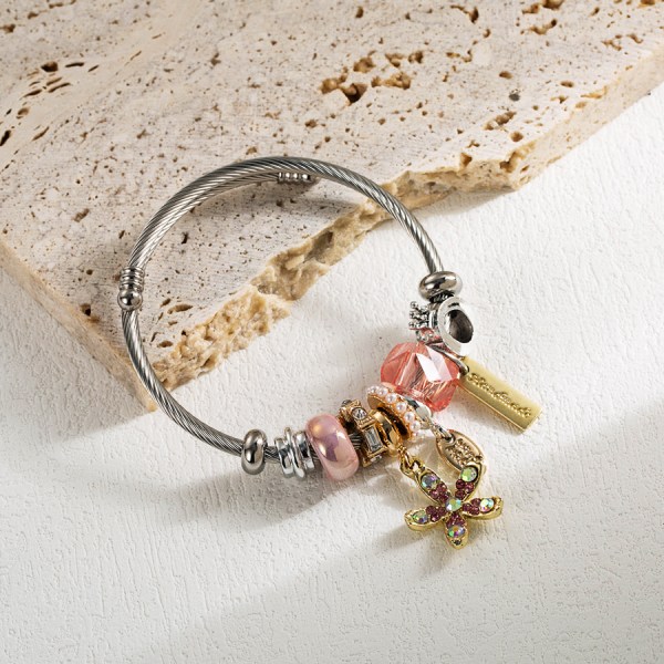 Europa och USA gränsöverskridande Pandora armband i rostfritt stål Gör-det-själv-blomhänge Justerbart armband med kristallpärlor, grossist Pink
