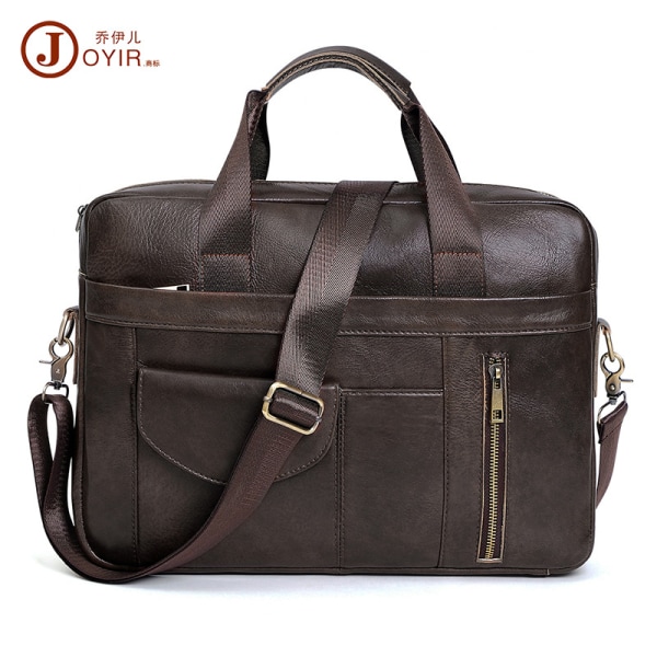 Ny multifunktionell portfölj för män handväska i äkta läder Casual Fashion 15,6 tums Crossbody datorväska 6504 Plain Leather Black