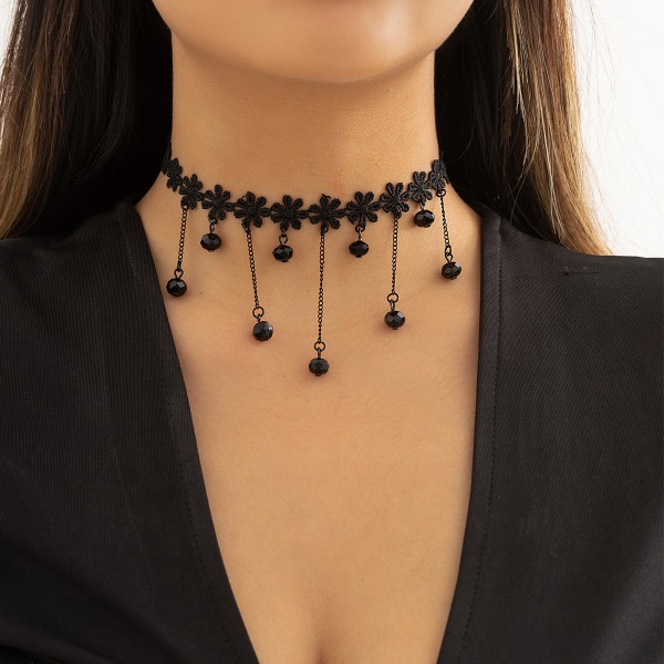 Prydnad Lolita spetskrage Vintage Choker svart gotisk vattendroppe tofshalsband White K 5892 Necklace