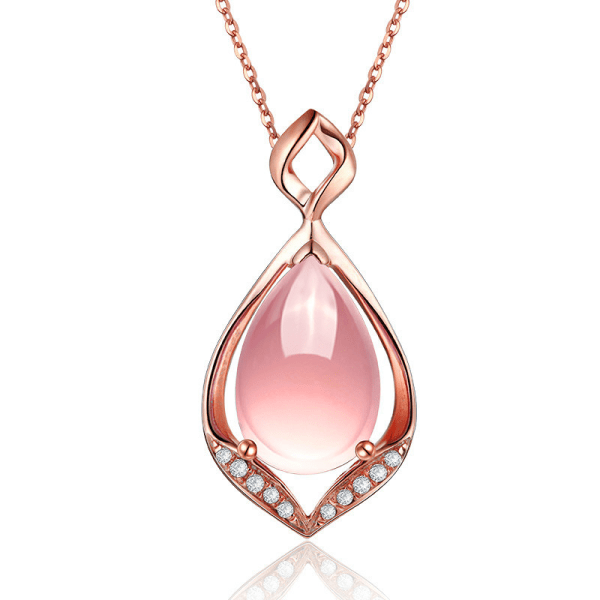 Nytt droppformat rosékvartshänge i koreansk stil för kvinnor hjärtformat rosa kristall roséguld halsband Choker hänge smycken Rose gold water wave chain