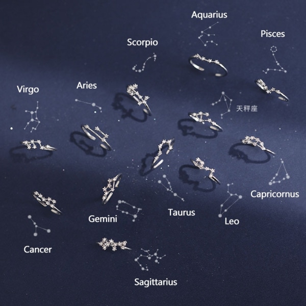 Koreanskt mode Silverfärgad stjärntecken Ringar för kvinnor Glänsande kristall Zirkon Öppningsring 12 Constellation Smycken Födelsedagspresent Taurus