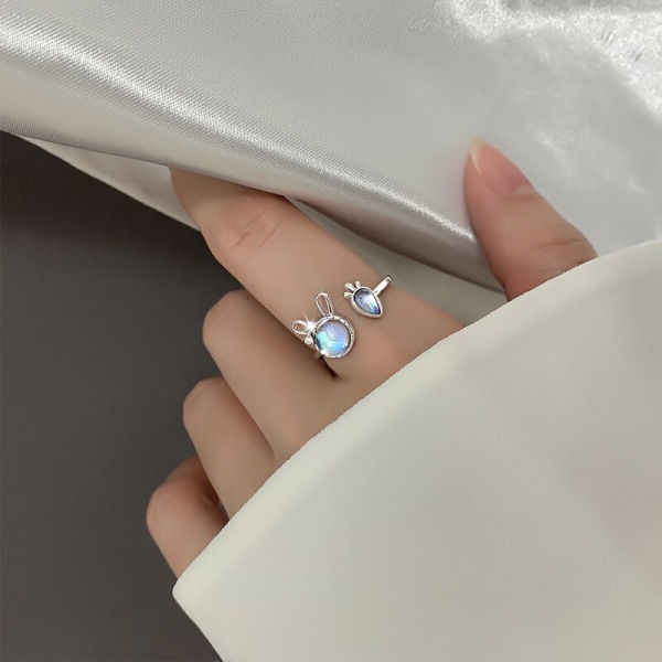 Söt kanin Månstensöppningsringar för kvinnor Korean Sweet Shiny Zircon Justerbar Fingerring Kvinna Trendig Party Smycken Present Moonstone Ring