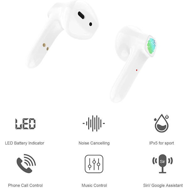 Bluetooth 5.0 hörlurar, trådlös hörlur Hd Stereo uppspelning Trådlöst headset med mikrofon, pekkontroll Bluetooth -headset för Iphone Android Smartphone