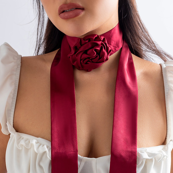 Smycken nisch Vintage krage Rose Camellia Chocker tofs satin blomma halsband 01 Burgundy 0756