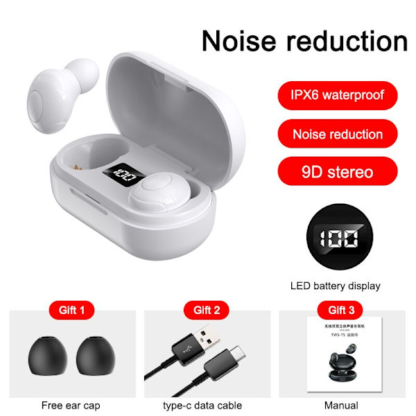T8 TWS Bluetooth 5.0 hörlurar med laddningsbox W White