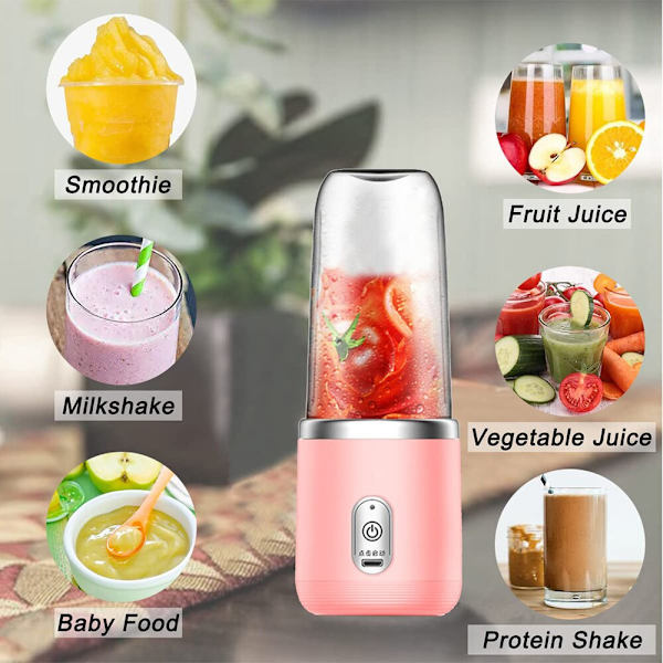 6 Blades Blender Mini Elektrisk Juicer Cup För Resor 400 Ml Bärbar Juicer Mixer USB Juice Blender Smoothie med färsk frukt 6 Blades Pink 2 Cups