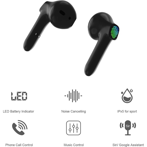 Bluetooth 5.0 hörlurar, trådlös hörlur Hd Stereo uppspelning Trådlöst headset med mikrofon, pekkontroll Bluetooth -headset för Iphone Android Smartphone