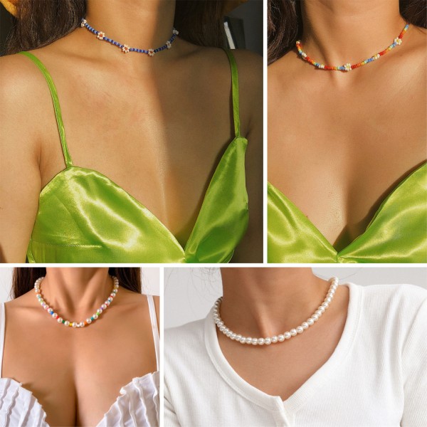Prydnad semester stil pärla vävd Hipster Choker Enkel runda pärlor Kedja Little Daisy Halsband Style 2 White 3028