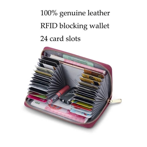 Plånböcker i 100 % äkta läder Koppling för kvinnor Lång dragkedja Multifunktions kreditkort ID-hållarväska Plånbok RFID-blockerande handväska för män Red Wine