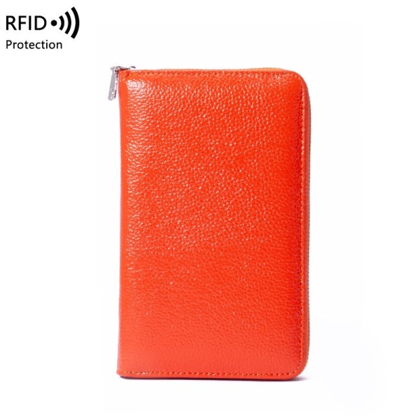 100 % äkta läder stor lång plånbok RFID-organkorthållare Passväska Unisex ID Multifunktionell dragkedja myntväska Telefonväska orange