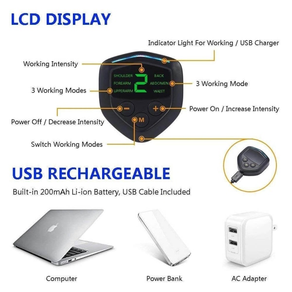 Abs Trainer Fitness Träningsutrustning EMS Magmuskelstimulator med LCD-skärm USB Uppladdningsbar Home Gym Elektrostimulering 3