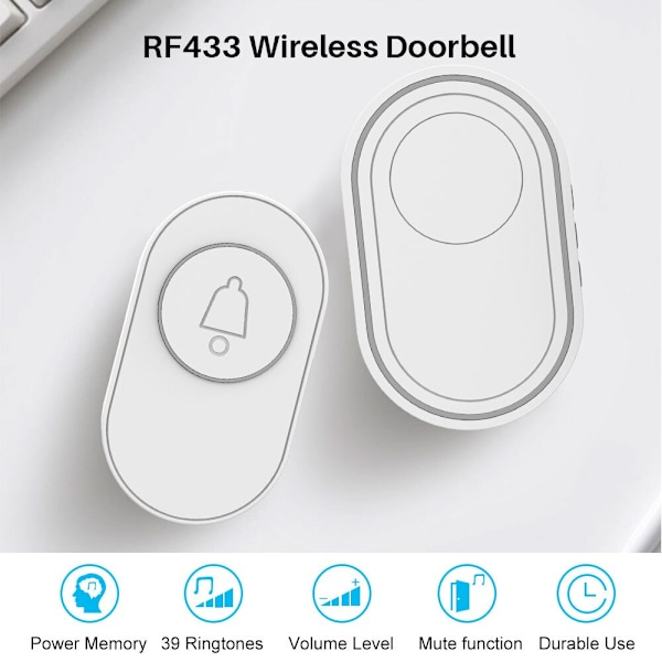 Trådlös dörrklocka Vattentät IP65 utomhusdörrklocka 39 Musik LED-blixt Säkerhetslarm RF433 Smart Home Intelligent Chime Kit White-Not Waterproof EU plug