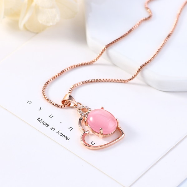 Koreansk stil New Love Rose Quartz Hängsmycke kvinnors rosa kristall hjärtformade halsband Choker Enkla modesmycken Box chain