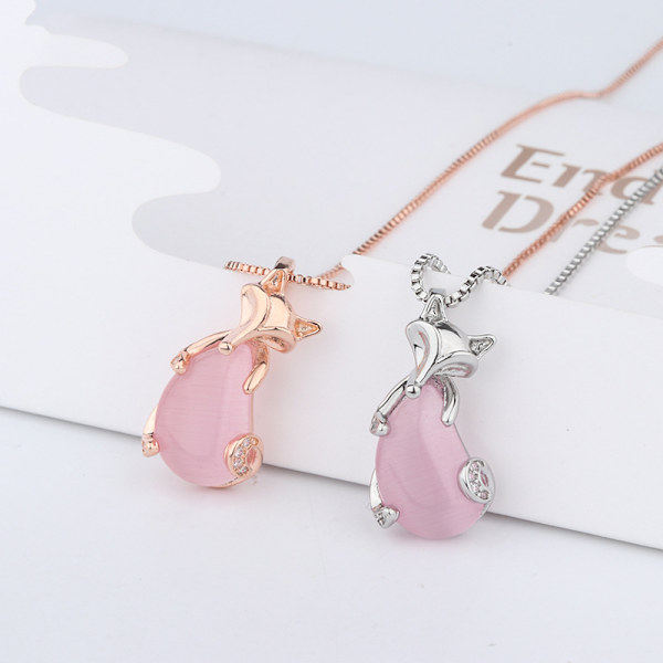 Koreansk stil rosa kristall rävhänge roséguld Choker Enkelt mode studentsmycken Fox Platinum Pendant / Box Chain