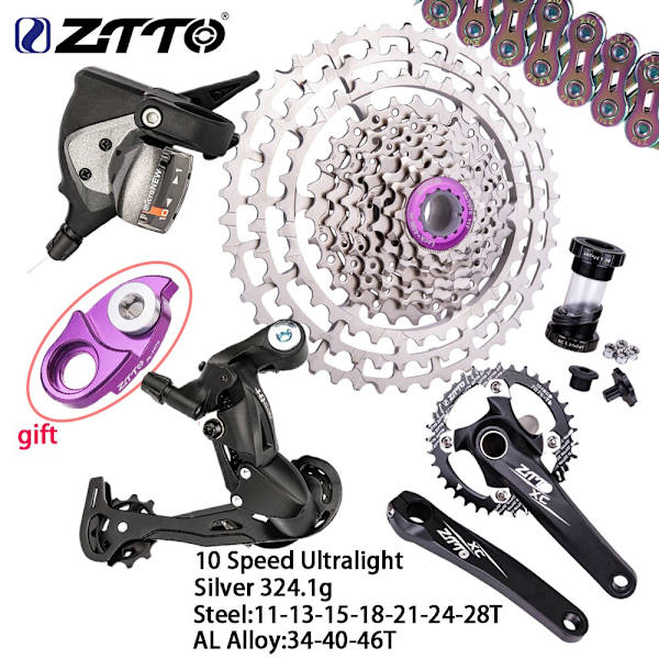 ZTTO Ultralight 10 Speed ​​Shift Set MTB Bike 32/34/36T Kedjehjul Vevsats 11-46/50T Cassette Groupset 1X10 Bakväxel del 10S 46T Silver 170mm
