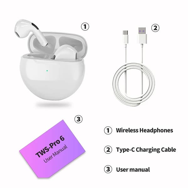 Hot Sale Pro6 trådlöst Bluetooth headset Stereo TWS in-ear Macaron Pro 6 Bluetooth headset Bluetooth hörlurar White