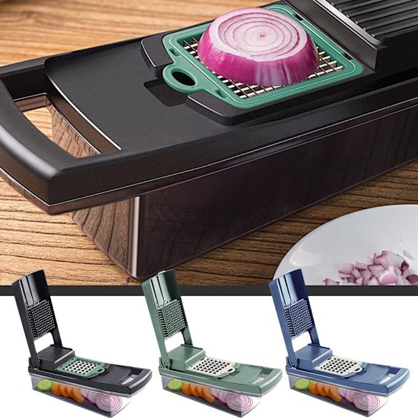 Multifunktion Grönsakshackare 7 blad Grönsaksskärare Lökhackare Skärare Dicer Äggavskiljare Rivjärn Skärare Avloppskorg Green